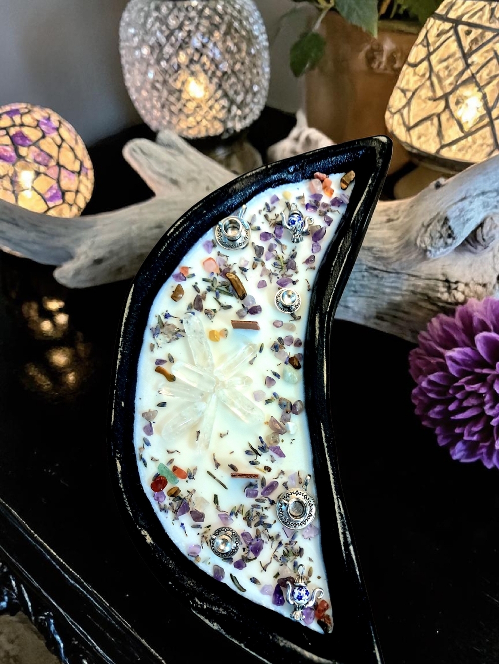 Hand Crafted , Wicked Worthy Wax, Crystal Tea Party wooden moon candle